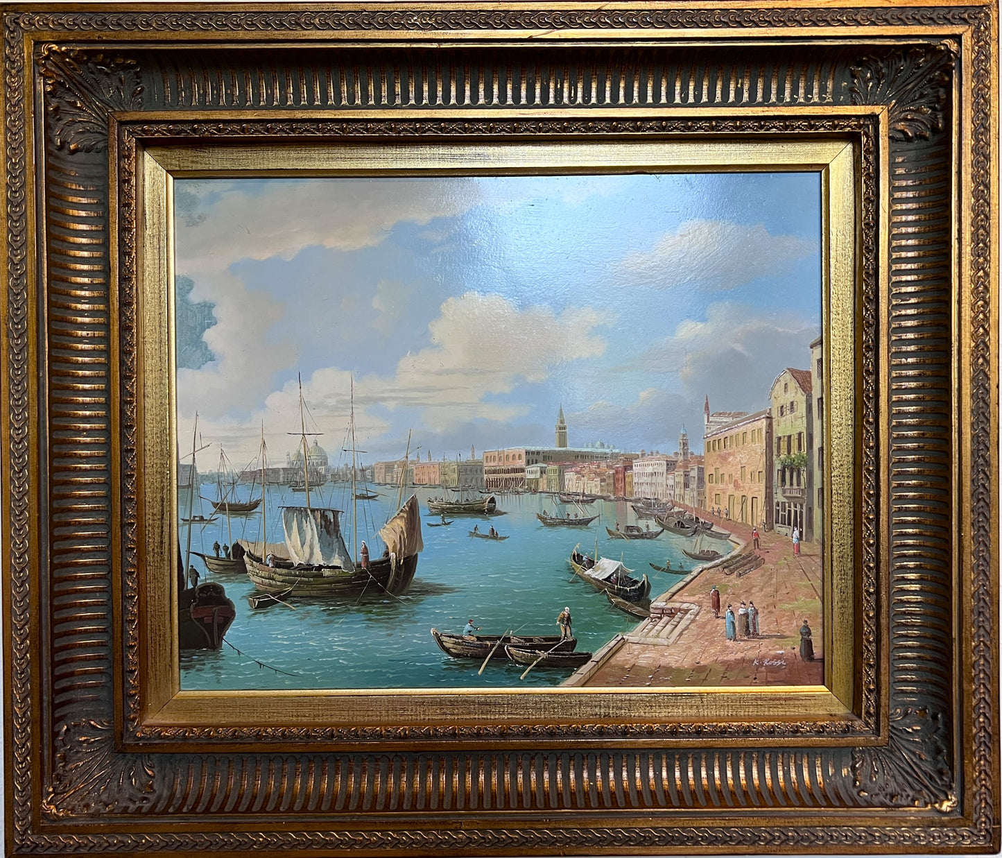 Original Antique Italian Venice Harbor Oil Painting on Board Signed K. Rossi