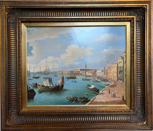 Original Antique Italian Venice Harbor Oil Painting on Board Signed K. Rossi