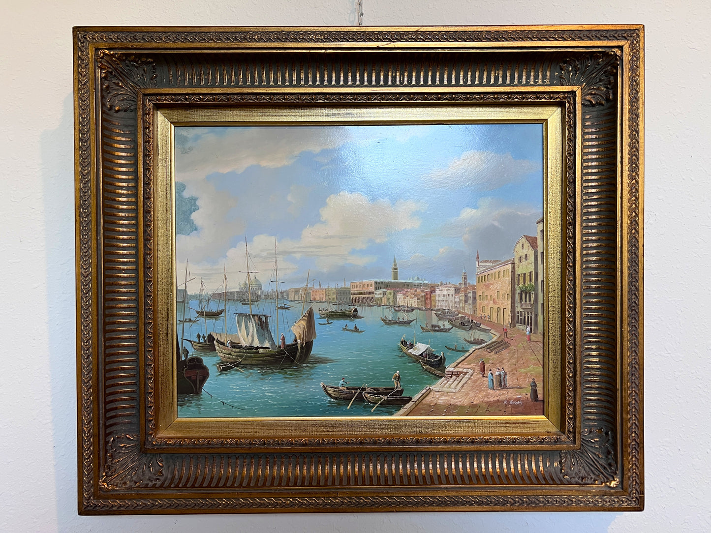 Original Antique Italian Venice Harbor Oil Painting on Board Signed K. Rossi