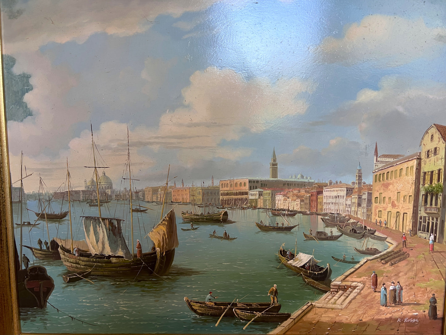 Original Antique Italian Venice Harbor Oil Painting on Board Signed K. Rossi
