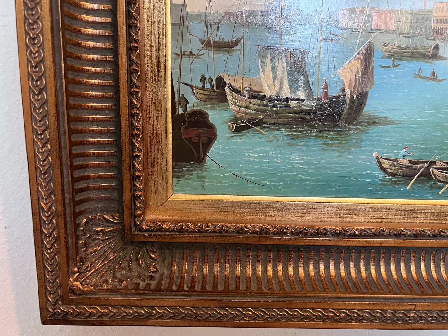 Original Antique Italian Venice Harbor Oil Painting on Board Signed K. Rossi