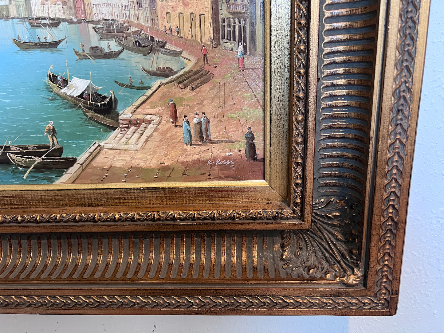 Original Antique Italian Venice Harbor Oil Painting on Board Signed K. Rossi