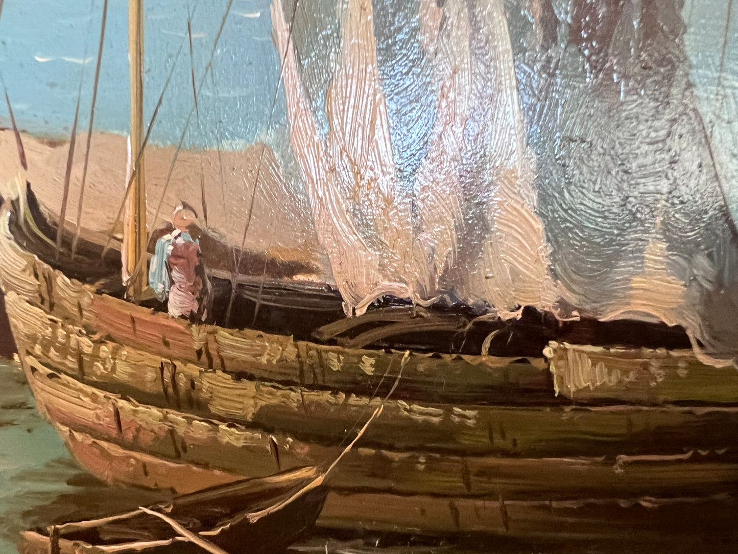 Original Antique Italian Venice Harbor Oil Painting on Board Signed K. Rossi