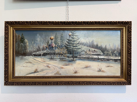 Oil Painting Winter Landscape with Russian Church –by Russian Artist Tresnevskiy