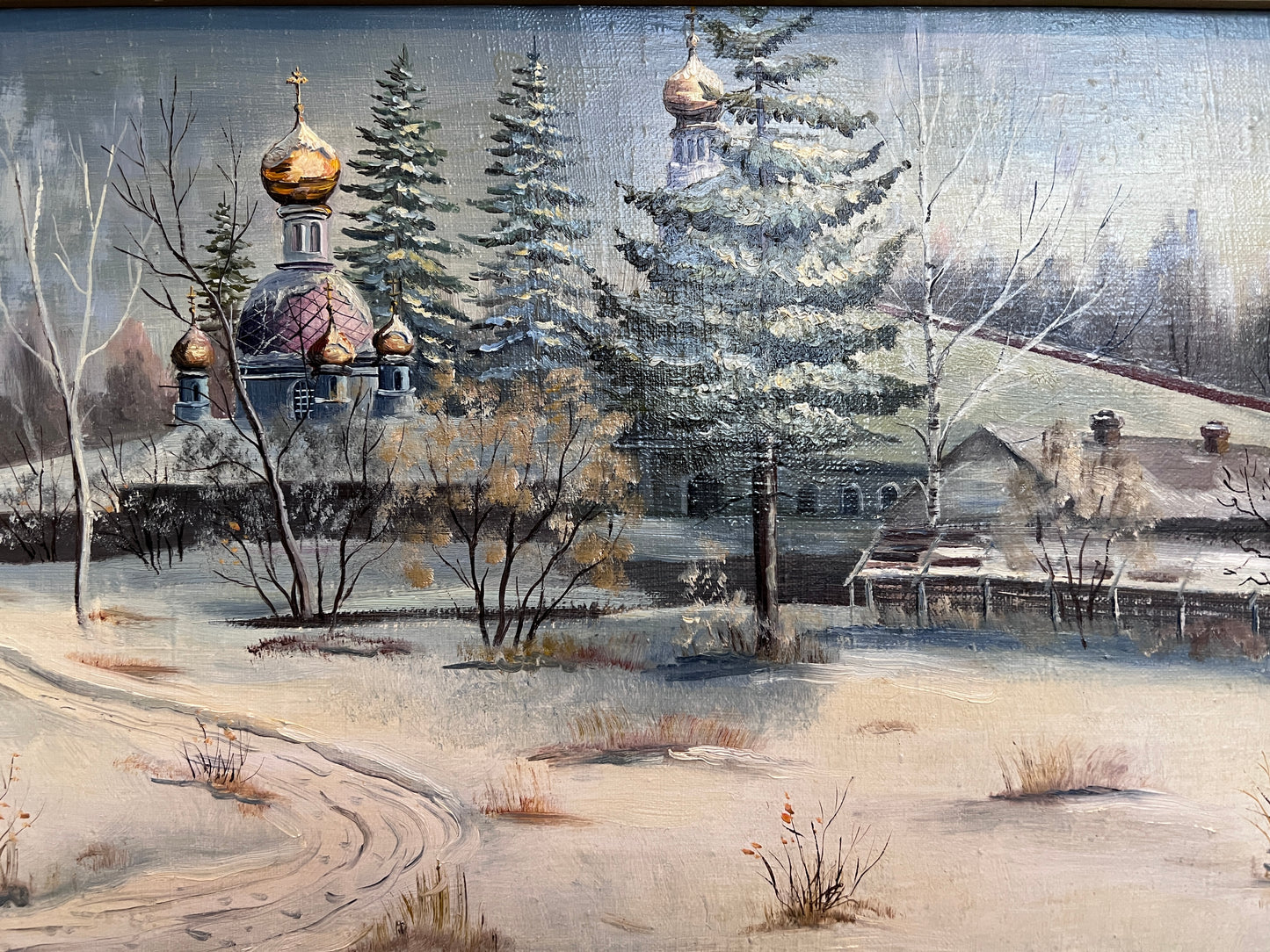 Oil Painting Winter Landscape with Russian Church –by Russian Artist Tresnevskiy