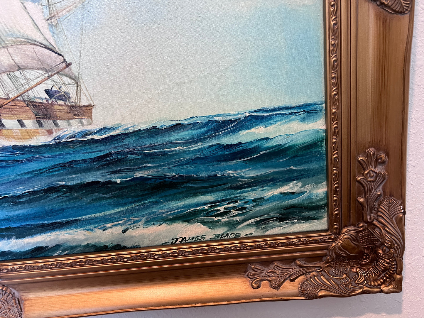 James Blade - Majestic Tall Ship Original Oil Painting on canvas – Gold Frame