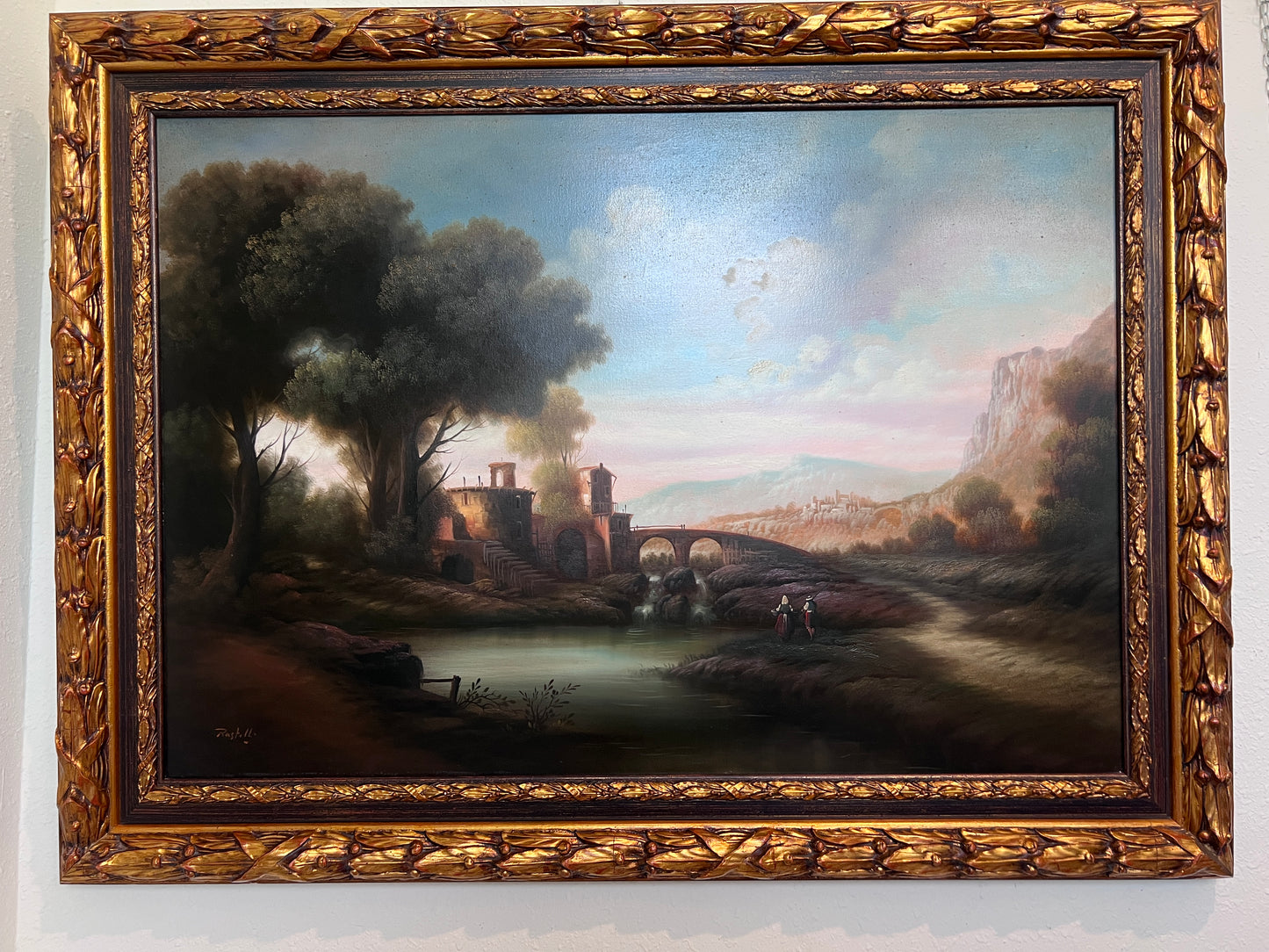Antique Italian Landscape Oil Painting Signed Rastelli, Vintage Framed Art