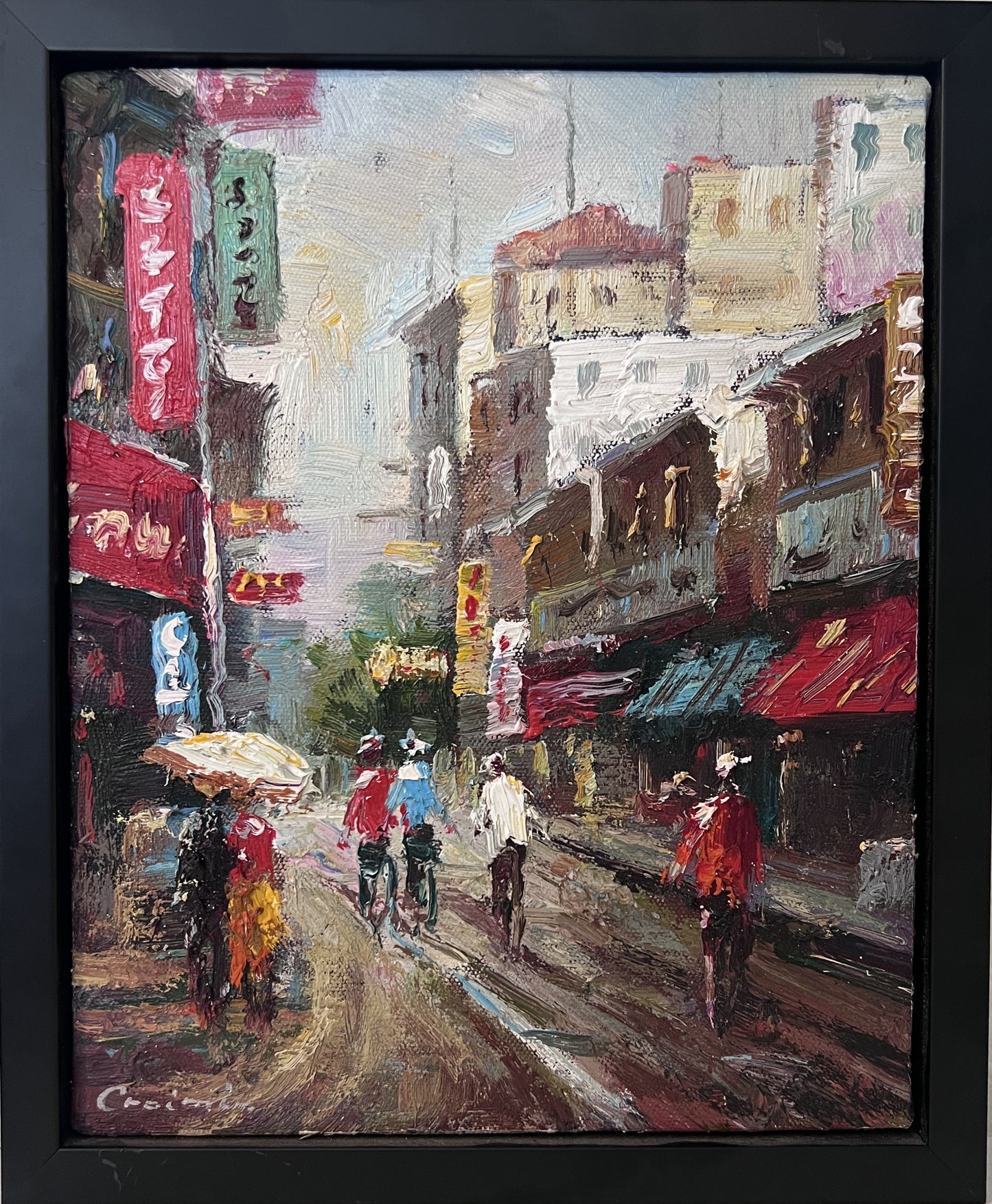 Signed Small European Street Scene Oil Painting Impasto City Artwork, Framed