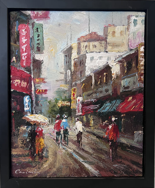Signed Small European Street Scene Oil Painting Impasto City Artwork, Framed