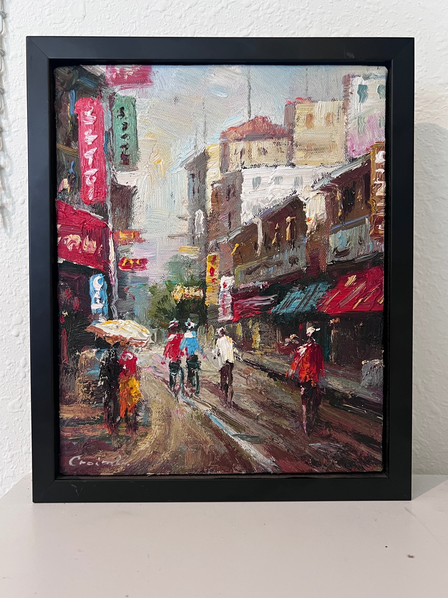 Signed Small European Street Scene Oil Painting Impasto City Artwork, Framed
