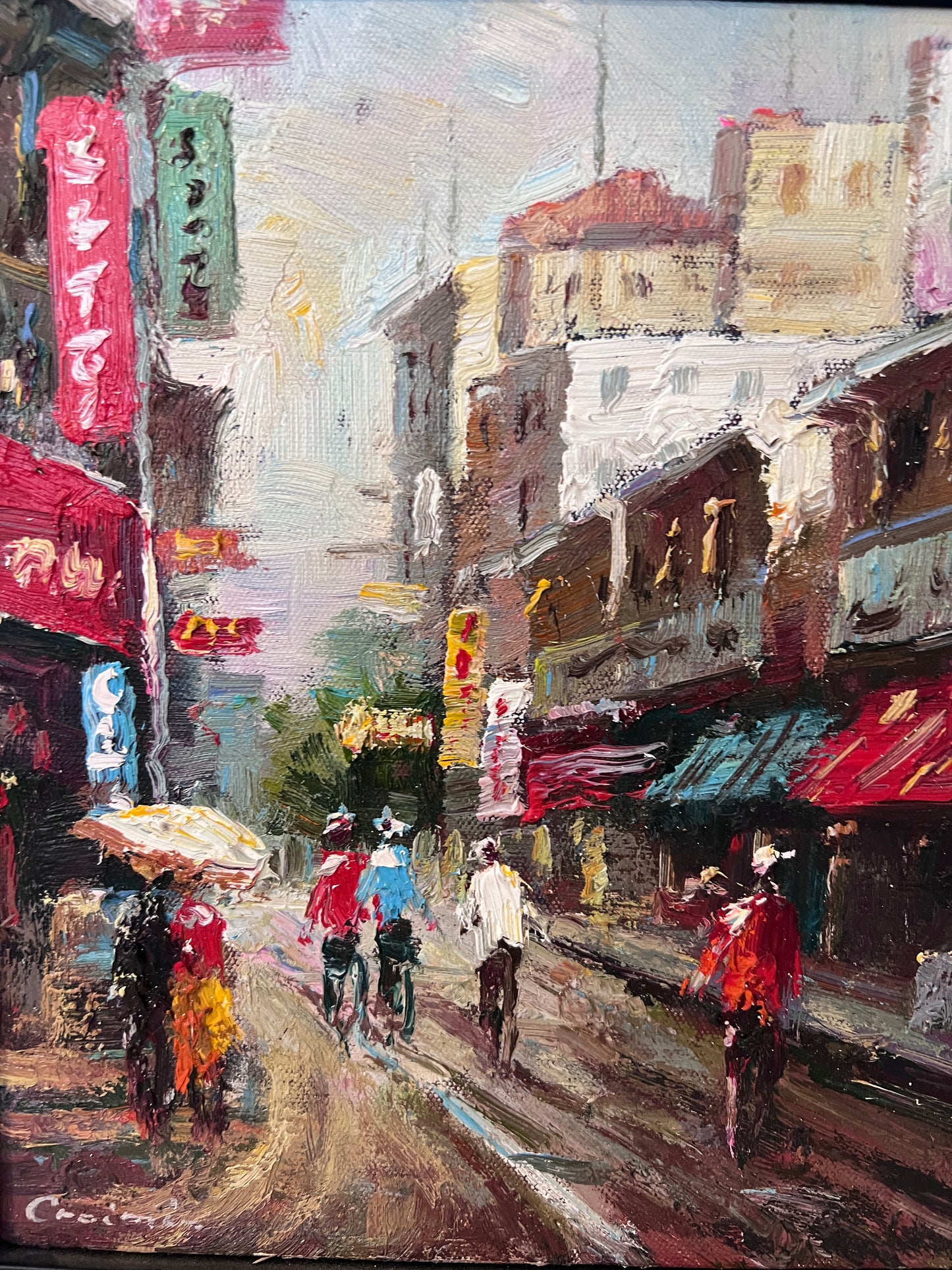 Signed Small European Street Scene Oil Painting Impasto City Artwork, Framed