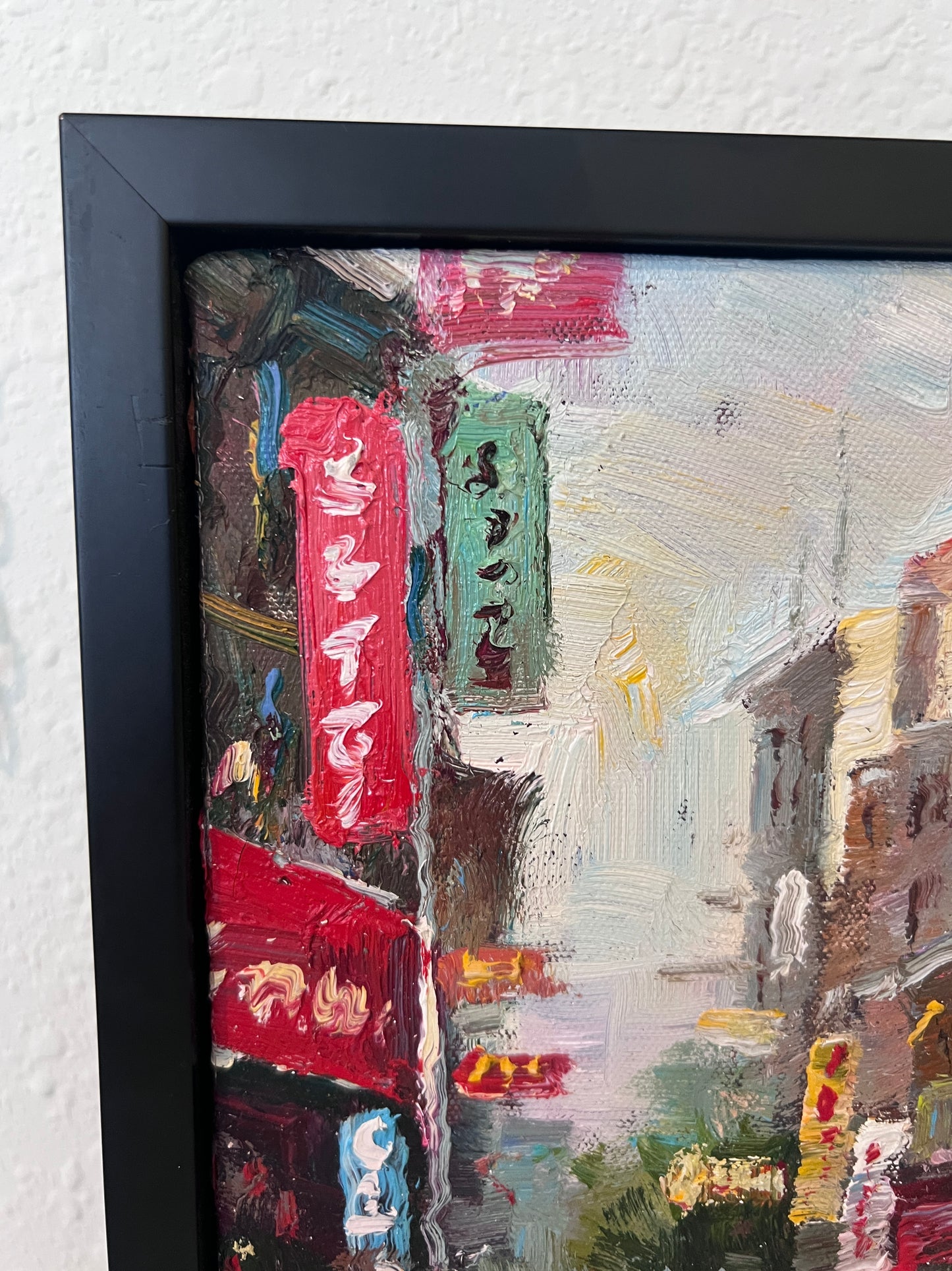 Signed Small European Street Scene Oil Painting Impasto City Artwork, Framed