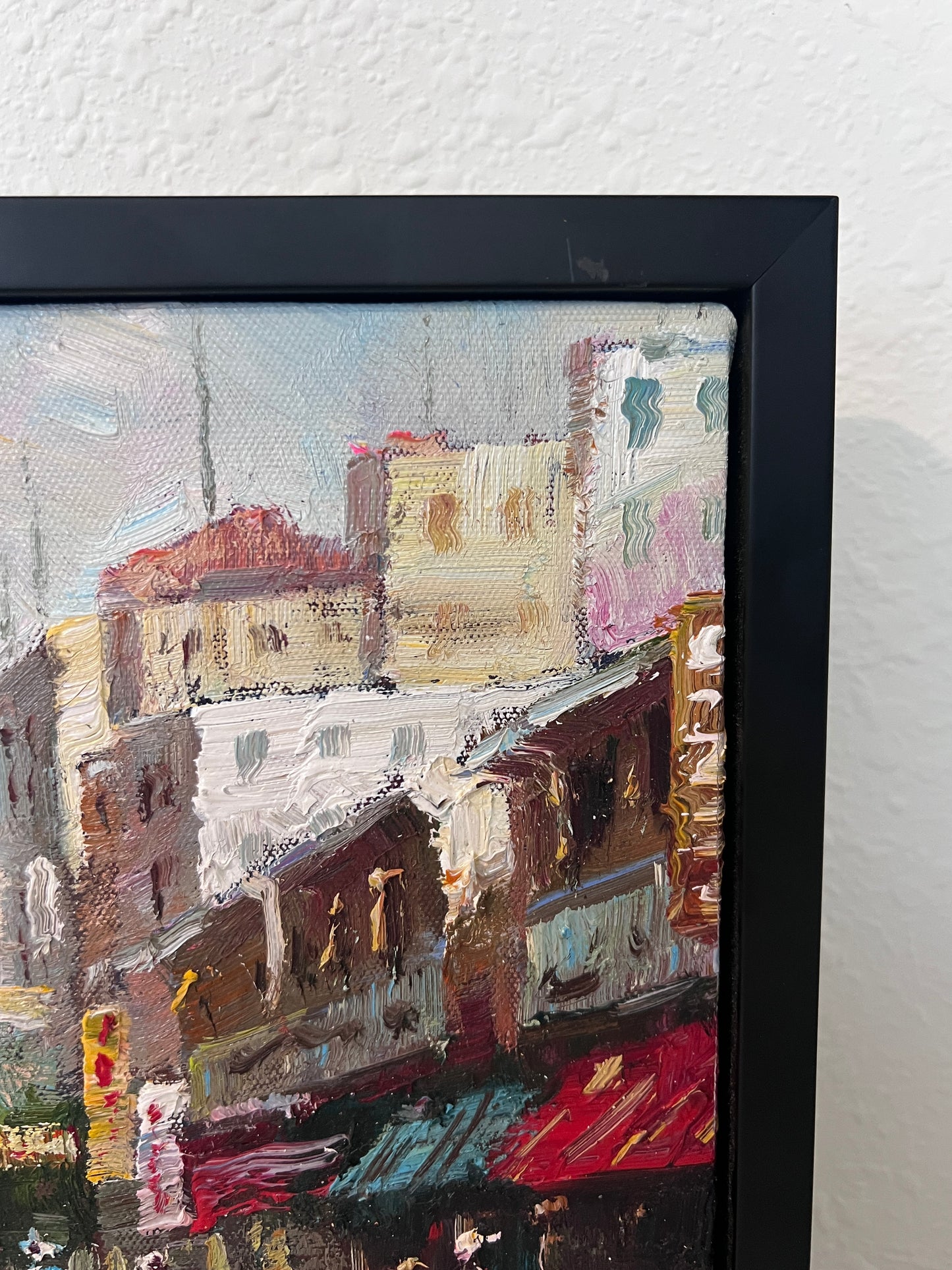 Signed Small European Street Scene Oil Painting Impasto City Artwork, Framed