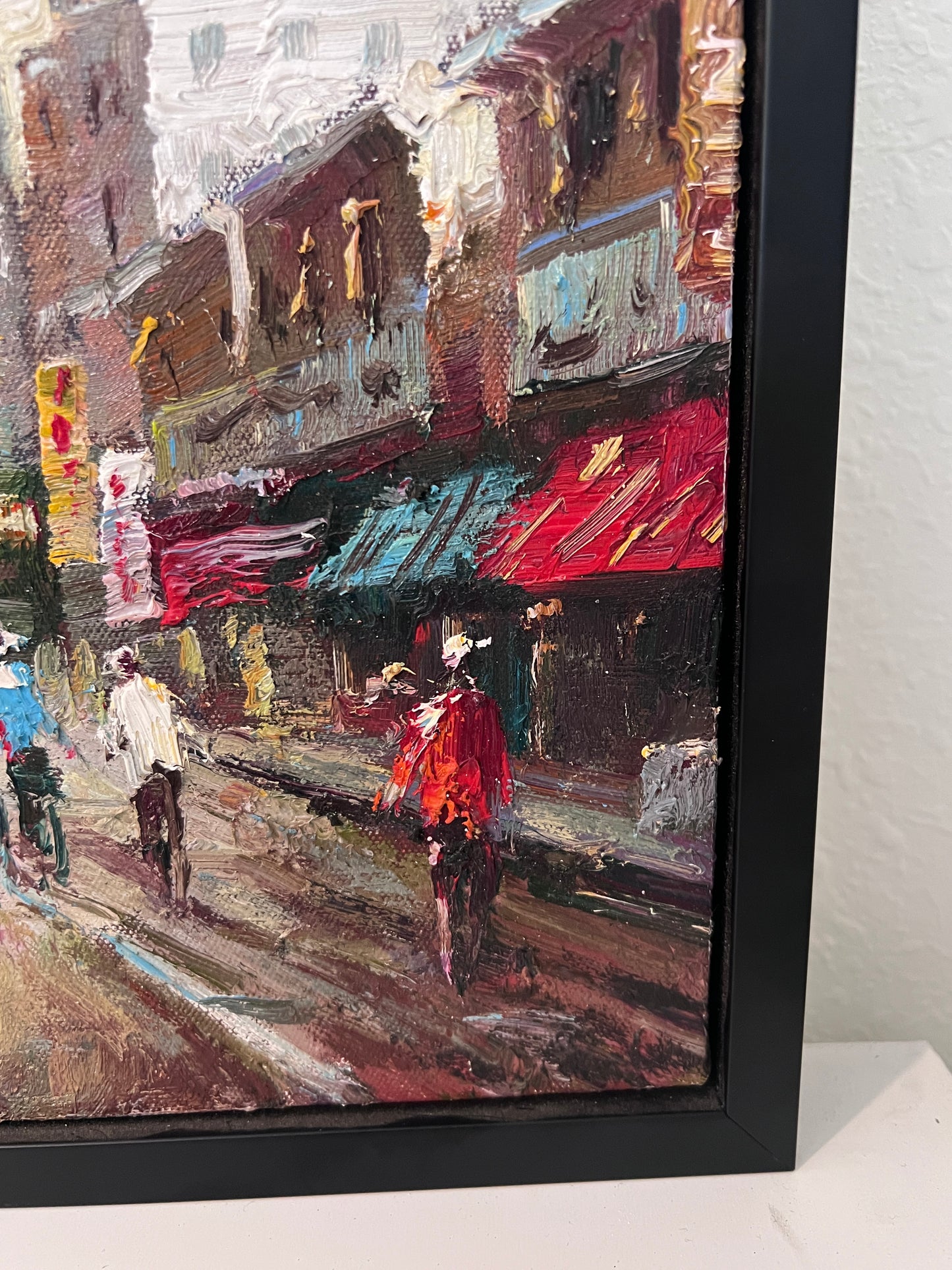 Signed Small European Street Scene Oil Painting Impasto City Artwork, Framed