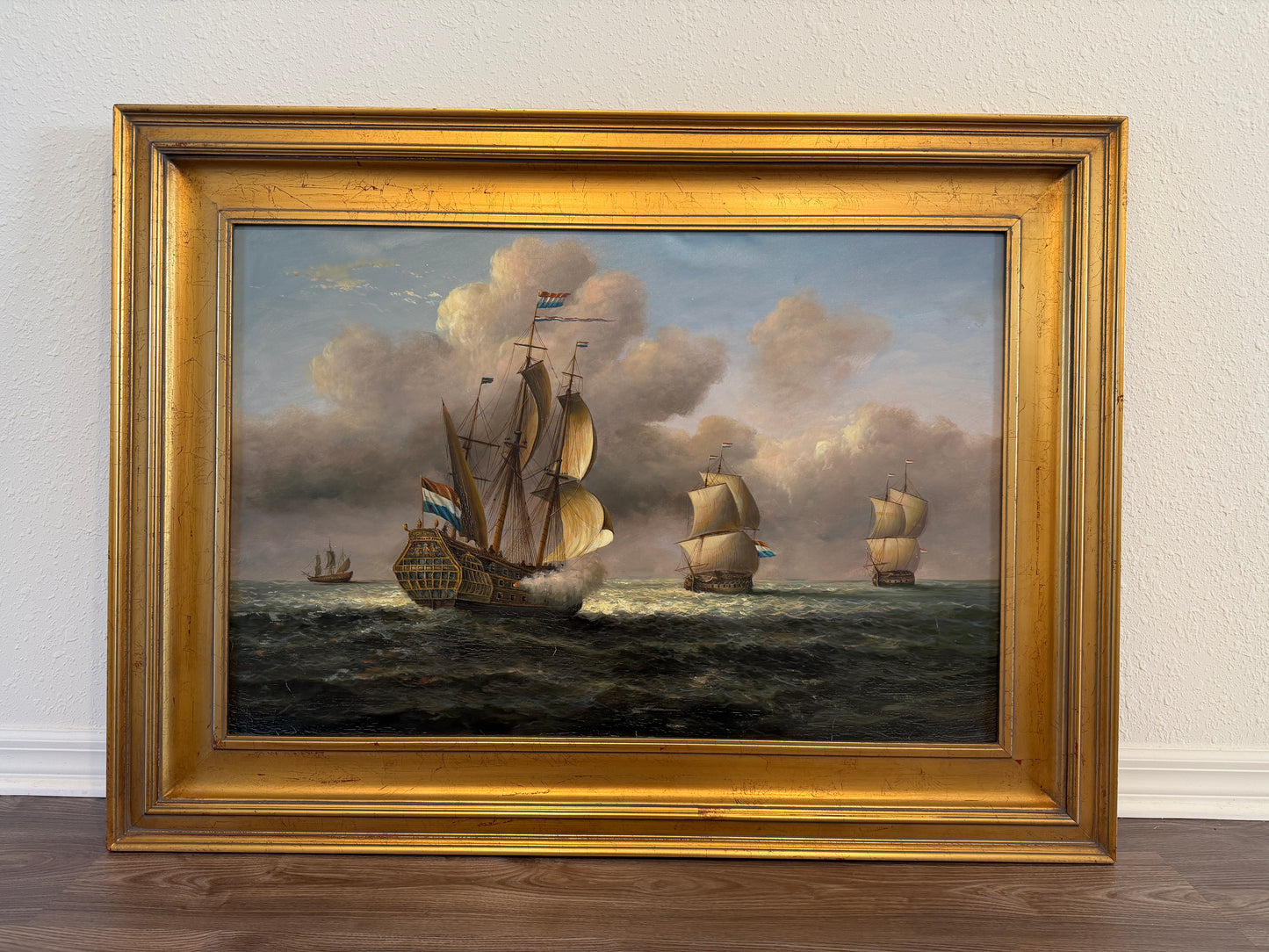 Vintage Maritime Seascape Oil Painting with Dutch Ships Nautical Naval Art