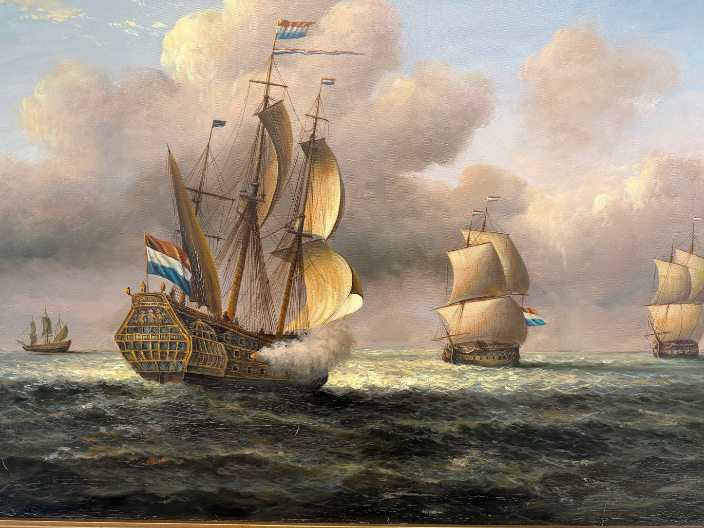 Vintage Maritime Seascape Oil Painting with Dutch Ships Nautical Naval Art