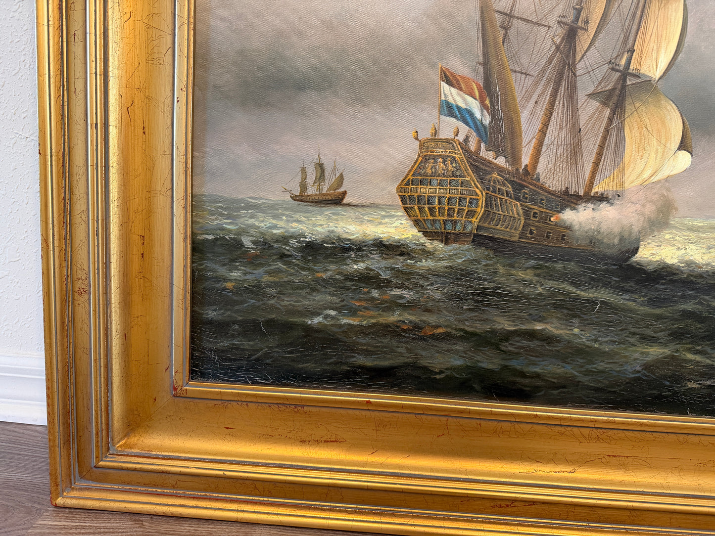 Vintage Maritime Seascape Oil Painting with Dutch Ships Nautical Naval Art