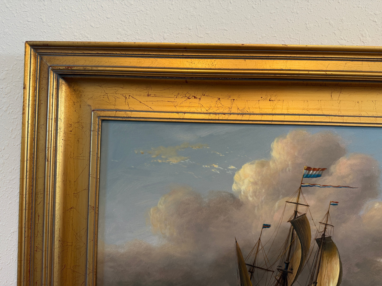 Vintage Maritime Seascape Oil Painting with Dutch Ships Nautical Naval Art