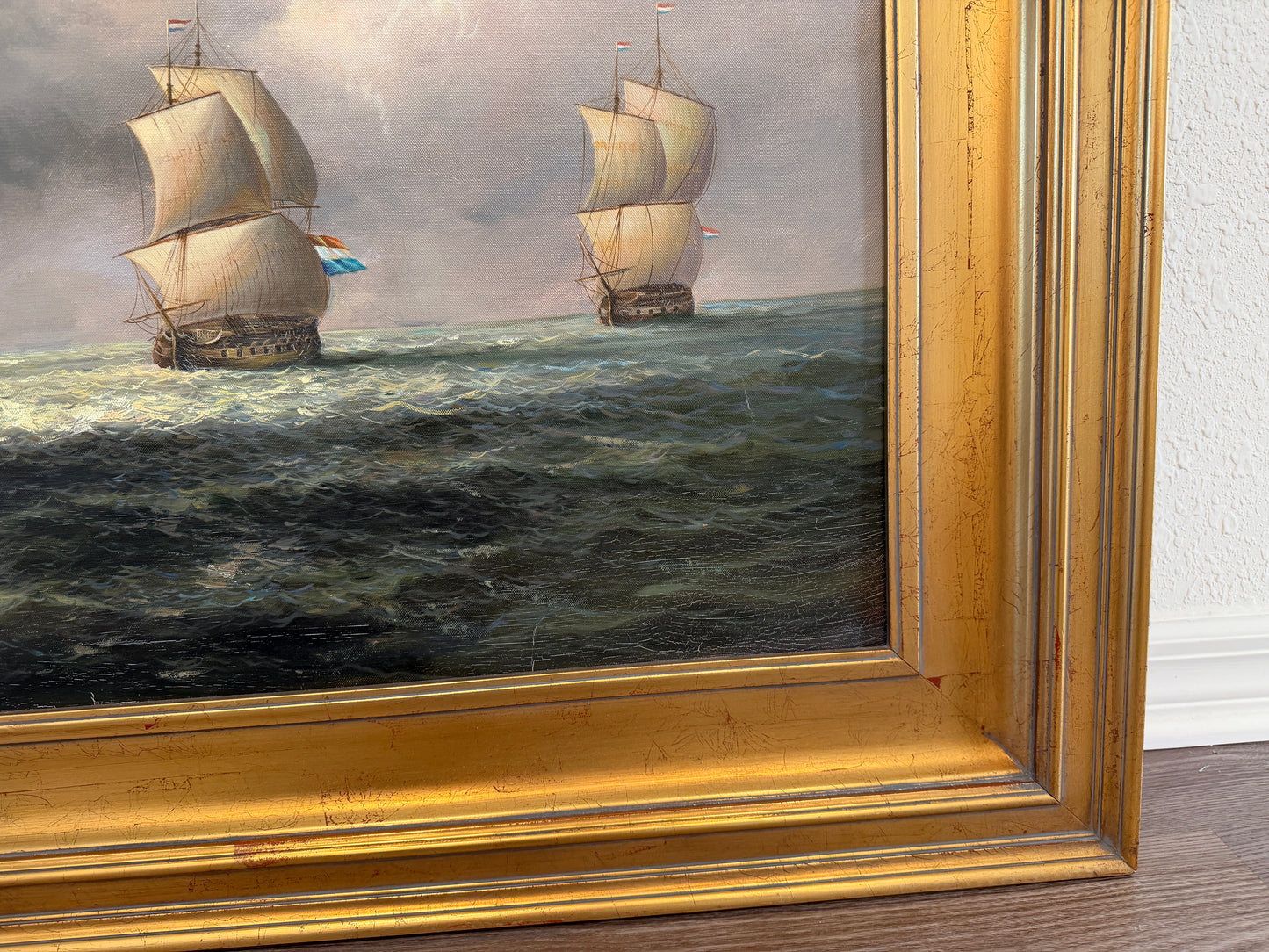 Vintage Maritime Seascape Oil Painting with Dutch Ships Nautical Naval Art