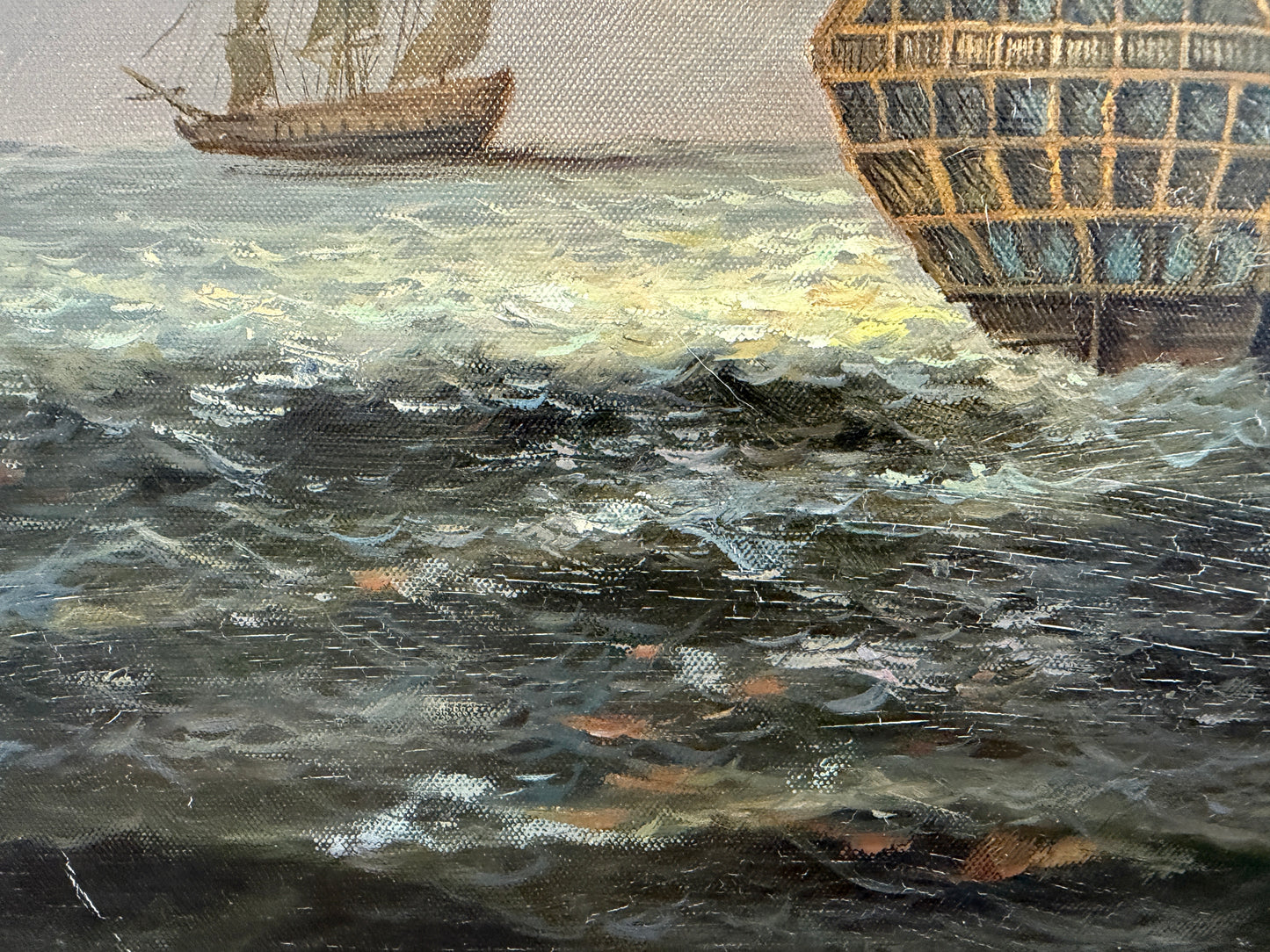 Vintage Maritime Seascape Oil Painting with Dutch Ships Nautical Naval Art