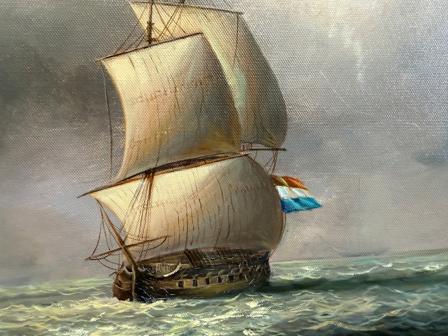 Vintage Maritime Seascape Oil Painting with Dutch Ships Nautical Naval Art