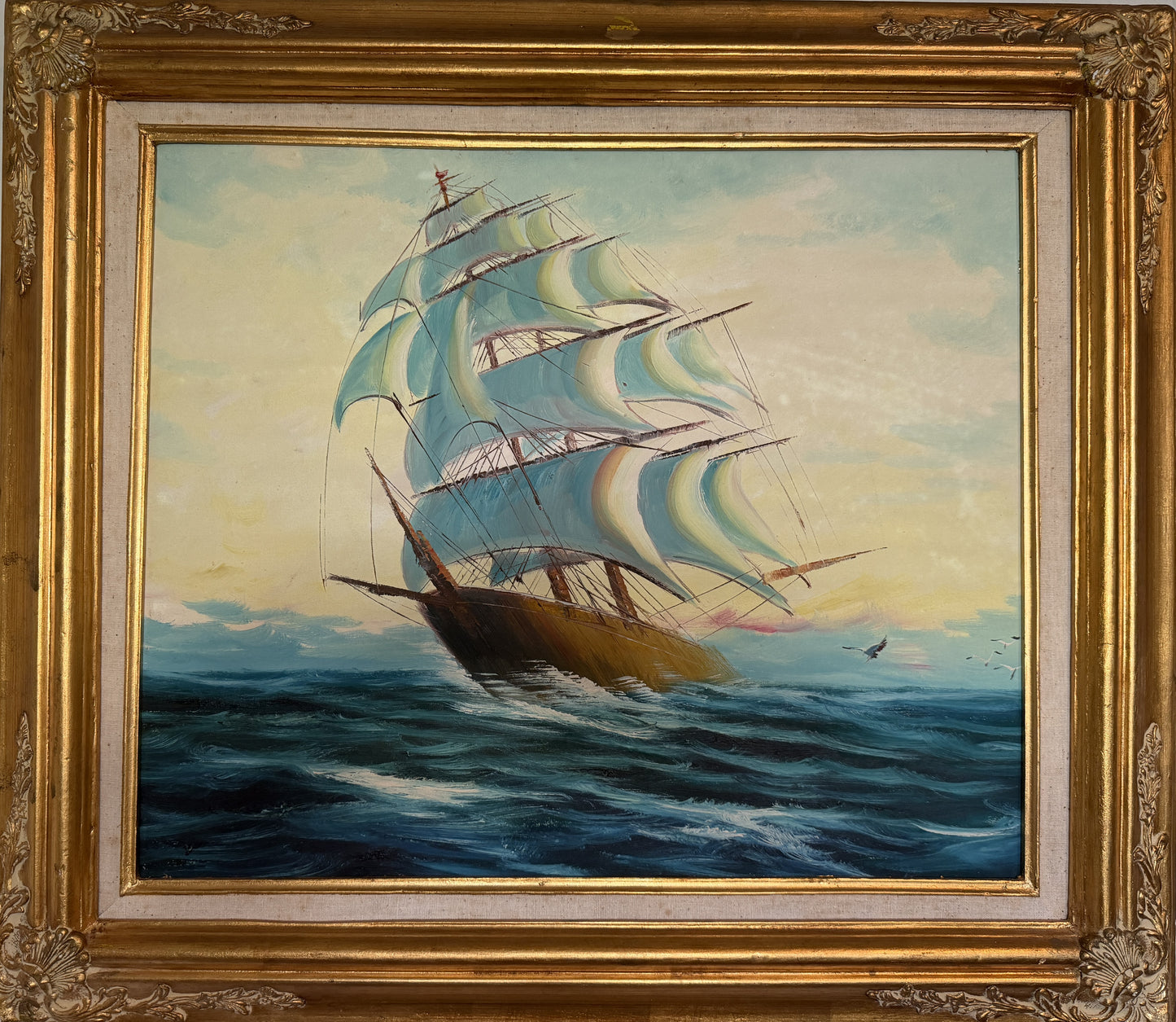 Original Vintage Nautical Sailing Ship Seascape – Oil on Canvas – Framed