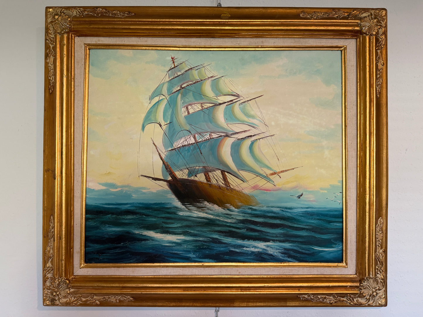 Original Vintage Nautical Sailing Ship Seascape – Oil on Canvas – Framed