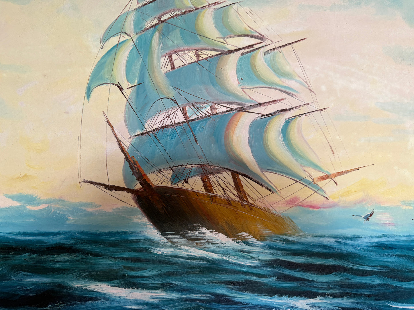 Original Vintage Nautical Sailing Ship Seascape – Oil on Canvas – Framed