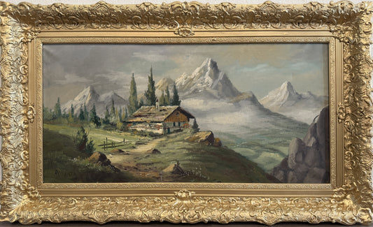 Vintage Alpine Mountain Landscape with Chalet – Oil on Canvas – Signed Rosetto
