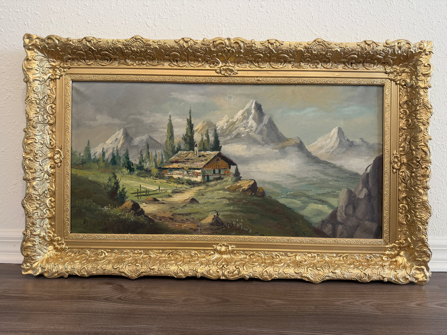 Vintage Alpine Mountain Landscape with Chalet – Oil on Canvas – Signed Rosetto