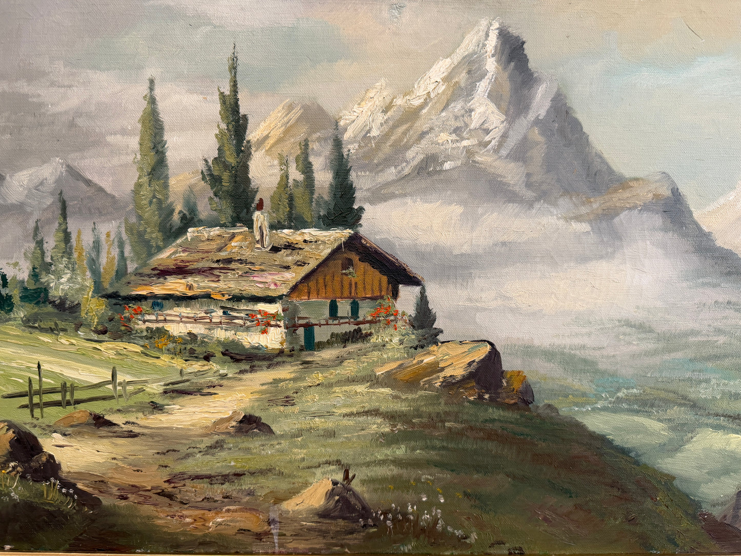 Vintage Alpine Mountain Landscape with Chalet – Oil on Canvas – Signed Rosetto