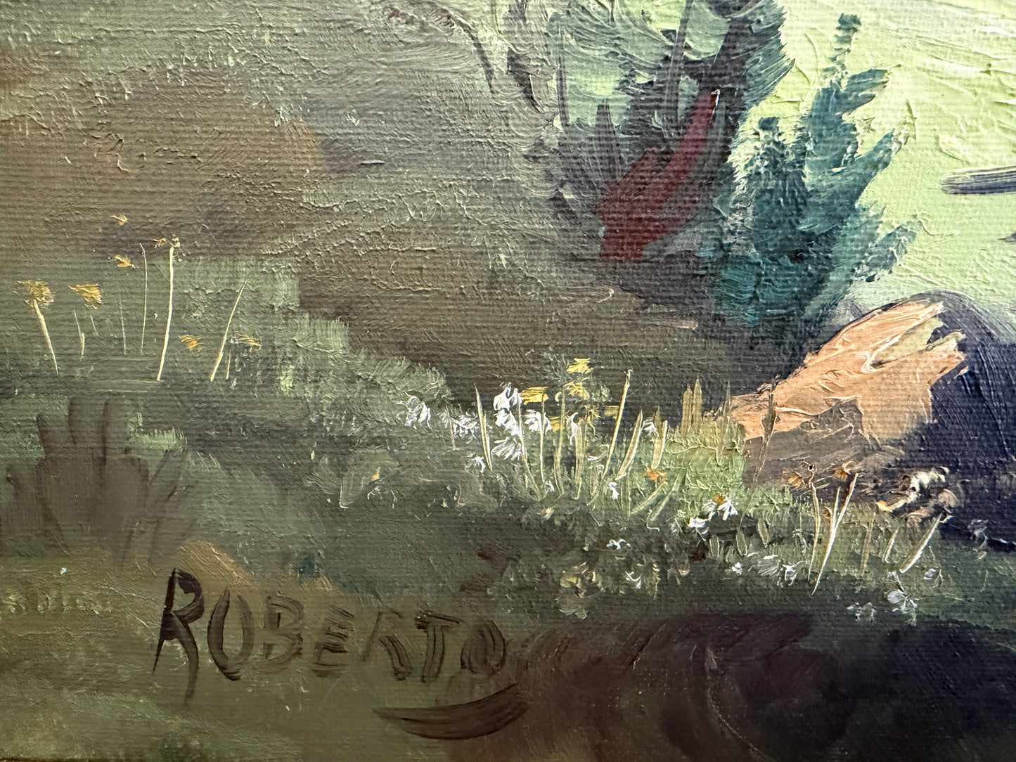 Vintage Alpine Mountain Landscape with Chalet – Oil on Canvas – Signed Rosetto