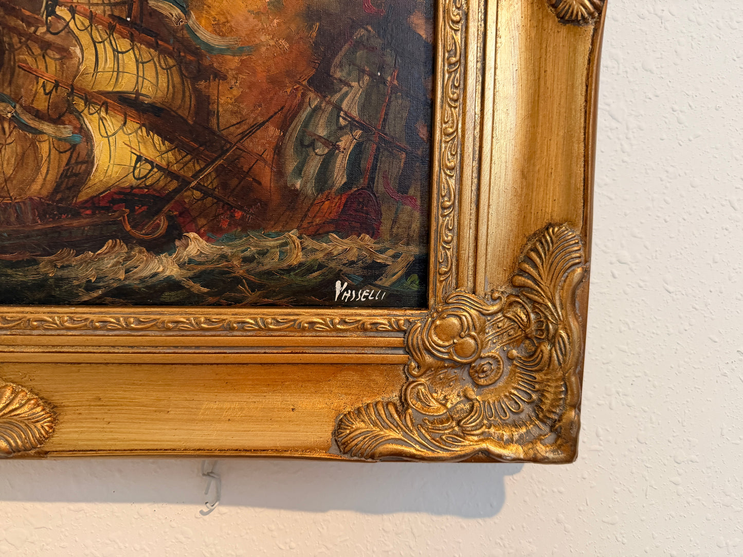 Italian Vintage Maritime Ship Oil Painting Signed Vasselli Nautical Seascape