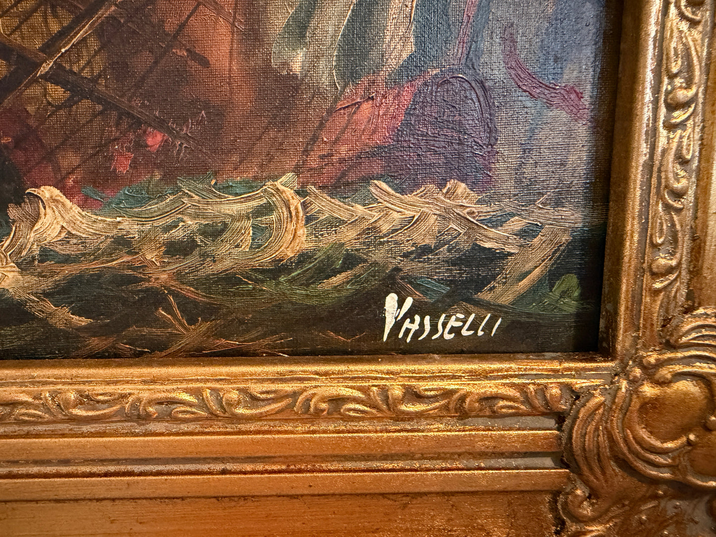 Italian Vintage Maritime Ship Oil Painting Signed Vasselli Nautical Seascape