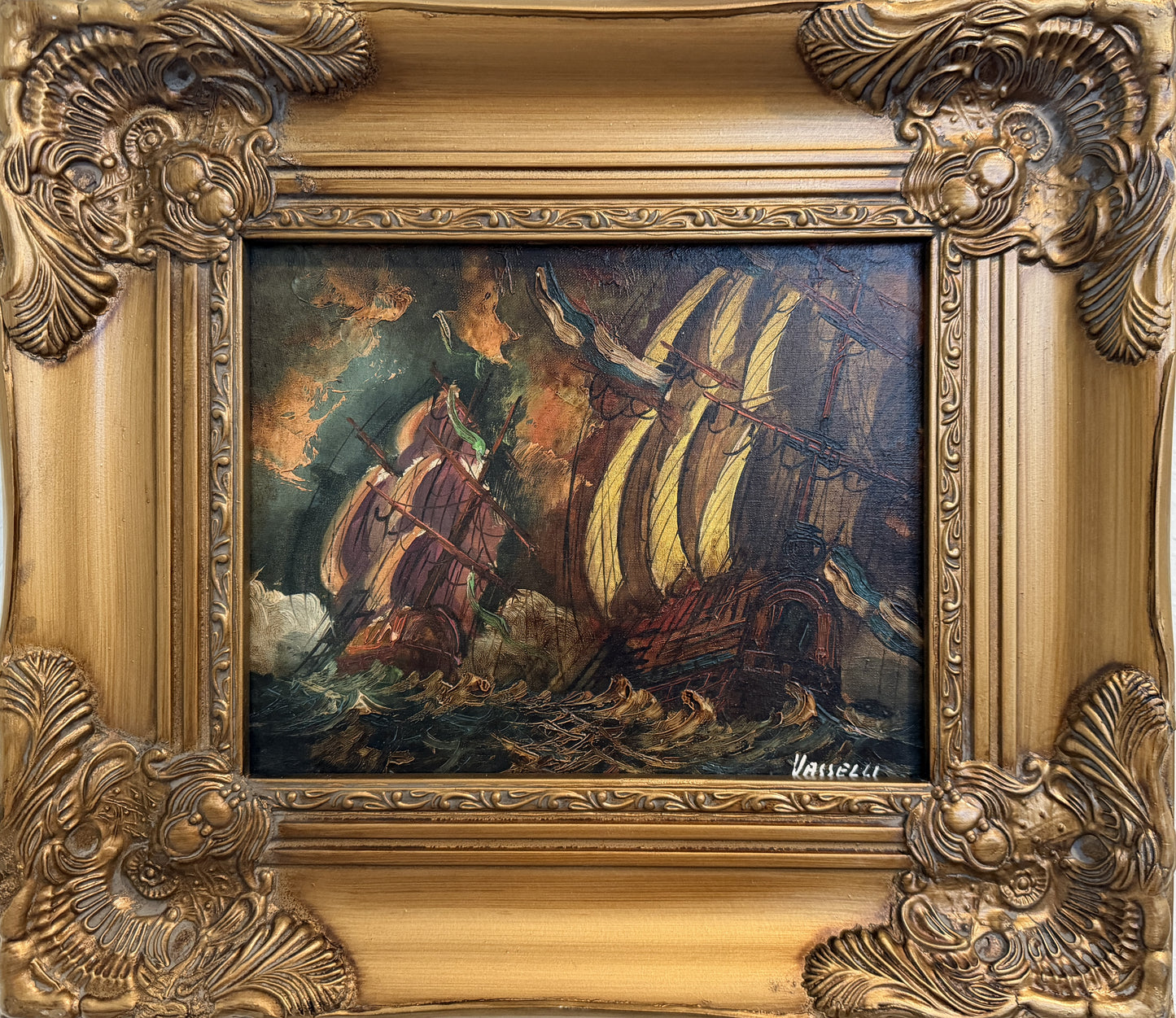 Italian Vintage Maritime Ship Oil Painting by Vasselli Nautical Seascape