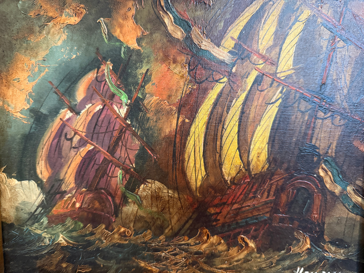 Italian Vintage Maritime Ship Oil Painting by Vasselli Nautical Seascape