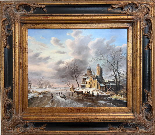 Dutch Winter Landscape with Figures and Church Oil on Board Signed Van Peeters