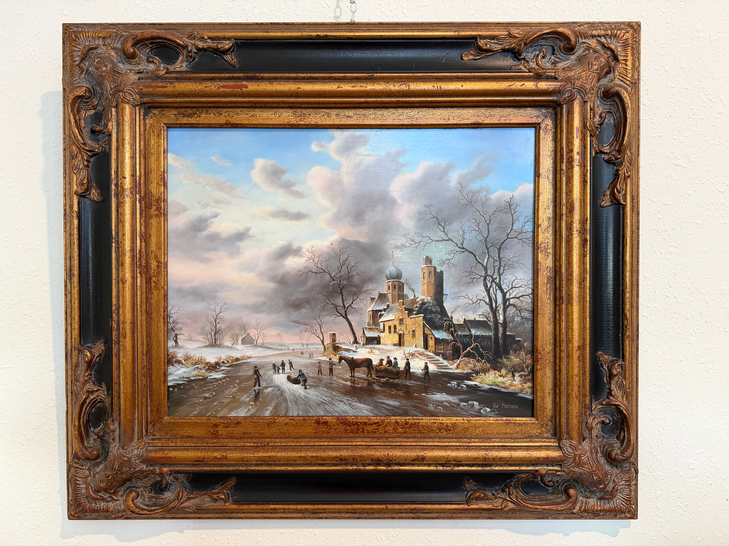 Dutch Winter Landscape with Figures and Church Oil on Board Signed Van Peeters