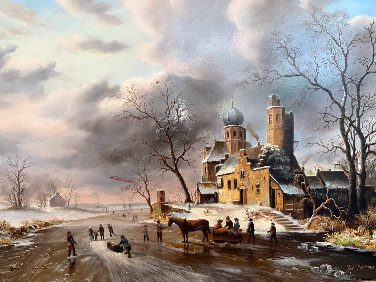 Dutch Winter Landscape with Figures and Church Oil on Board Signed Van Peeters