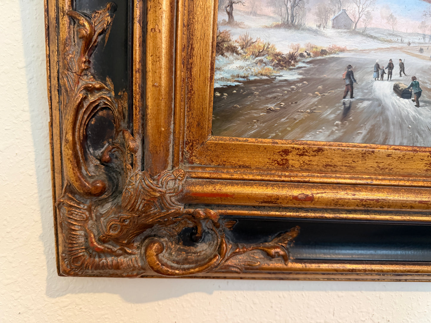 Dutch Winter Landscape with Figures and Church Oil on Board Signed Van Peeters