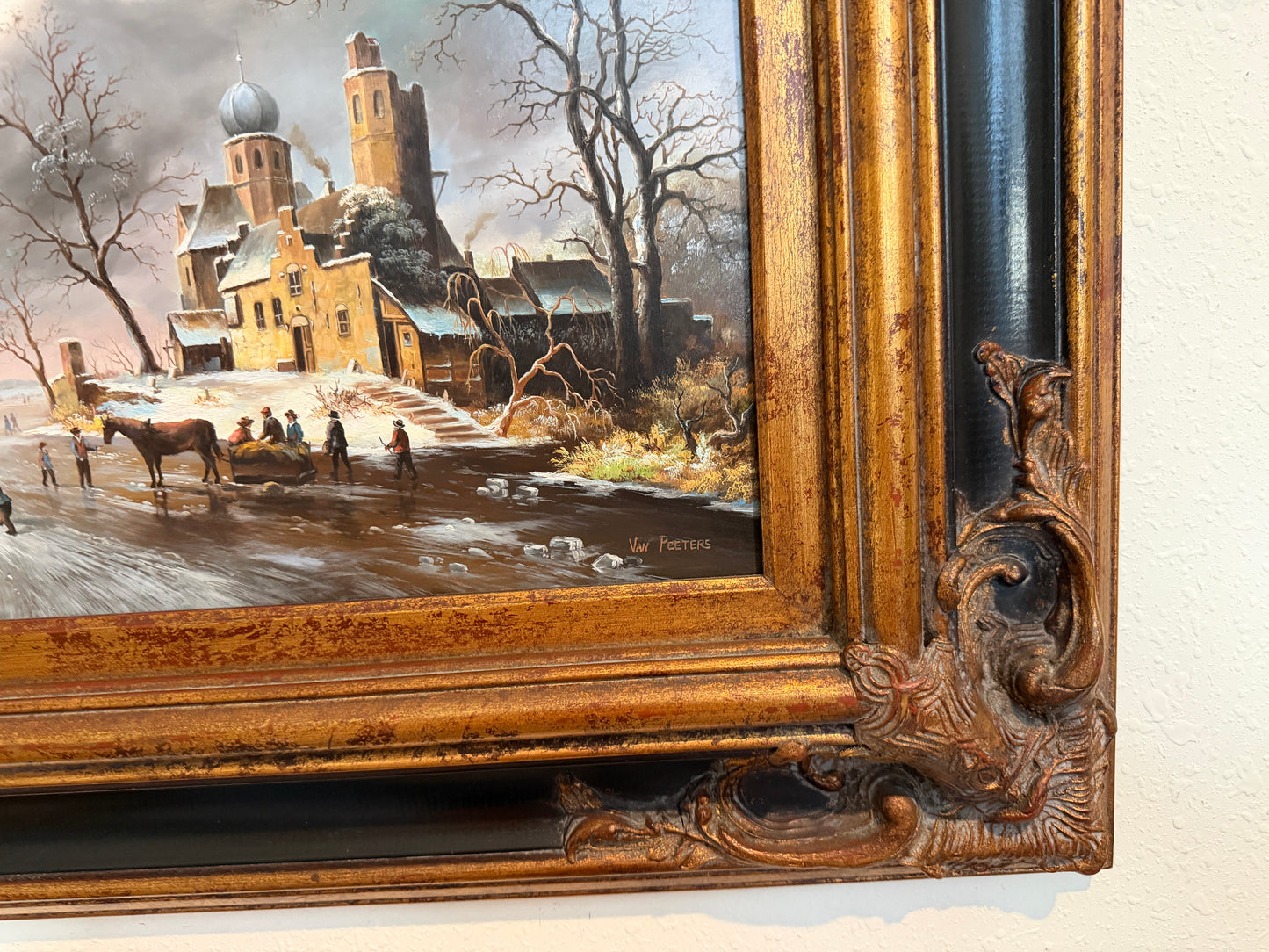Dutch Winter Landscape with Figures and Church Oil on Board Signed Van Peeters