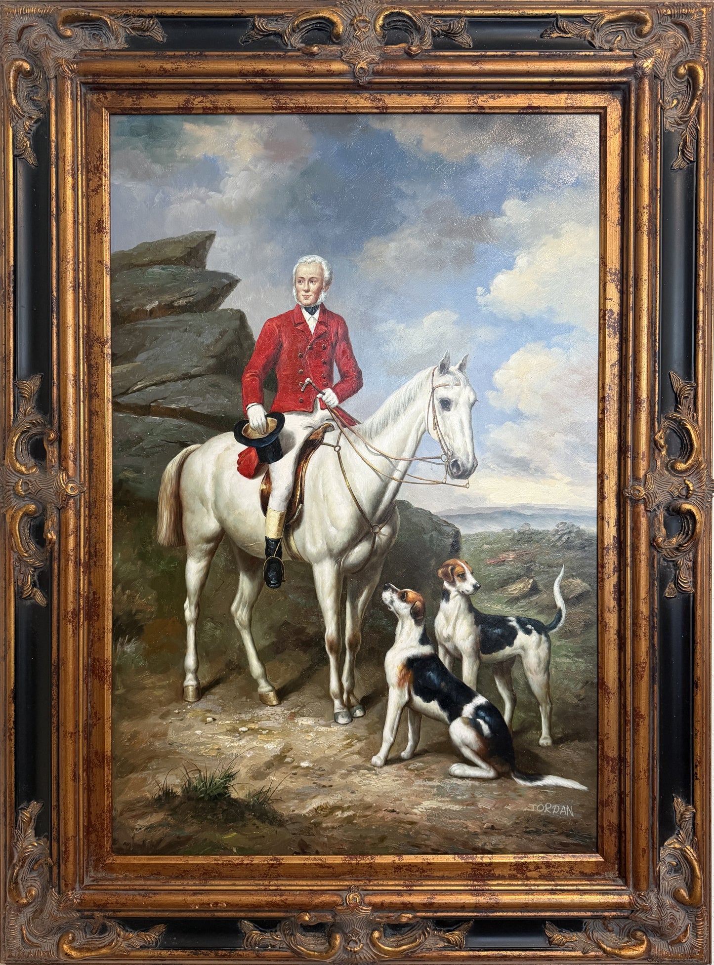 Jordan Original Oil Painting, English Fox Hunt Scene with Rider, Horses & Hounds