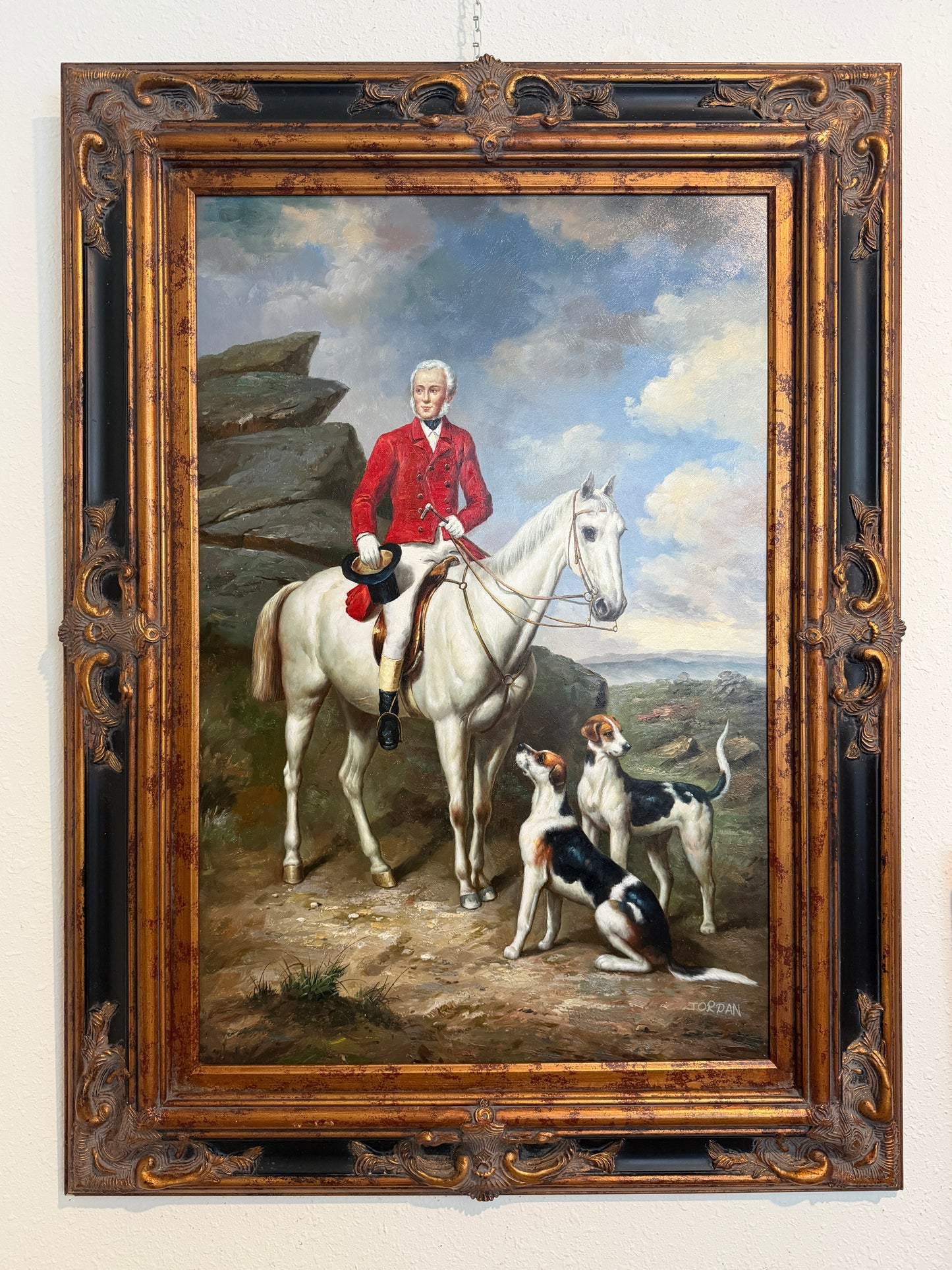 Jordan Original Oil Painting, English Fox Hunt Scene with Rider, Horses & Hounds
