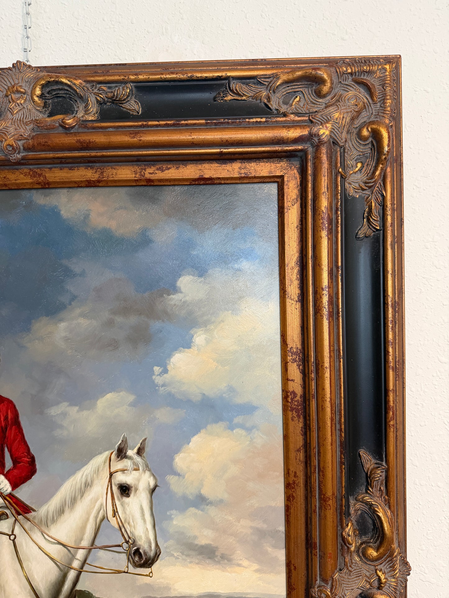 Jordan Original Oil Painting, English Fox Hunt Scene with Rider, Horses & Hounds