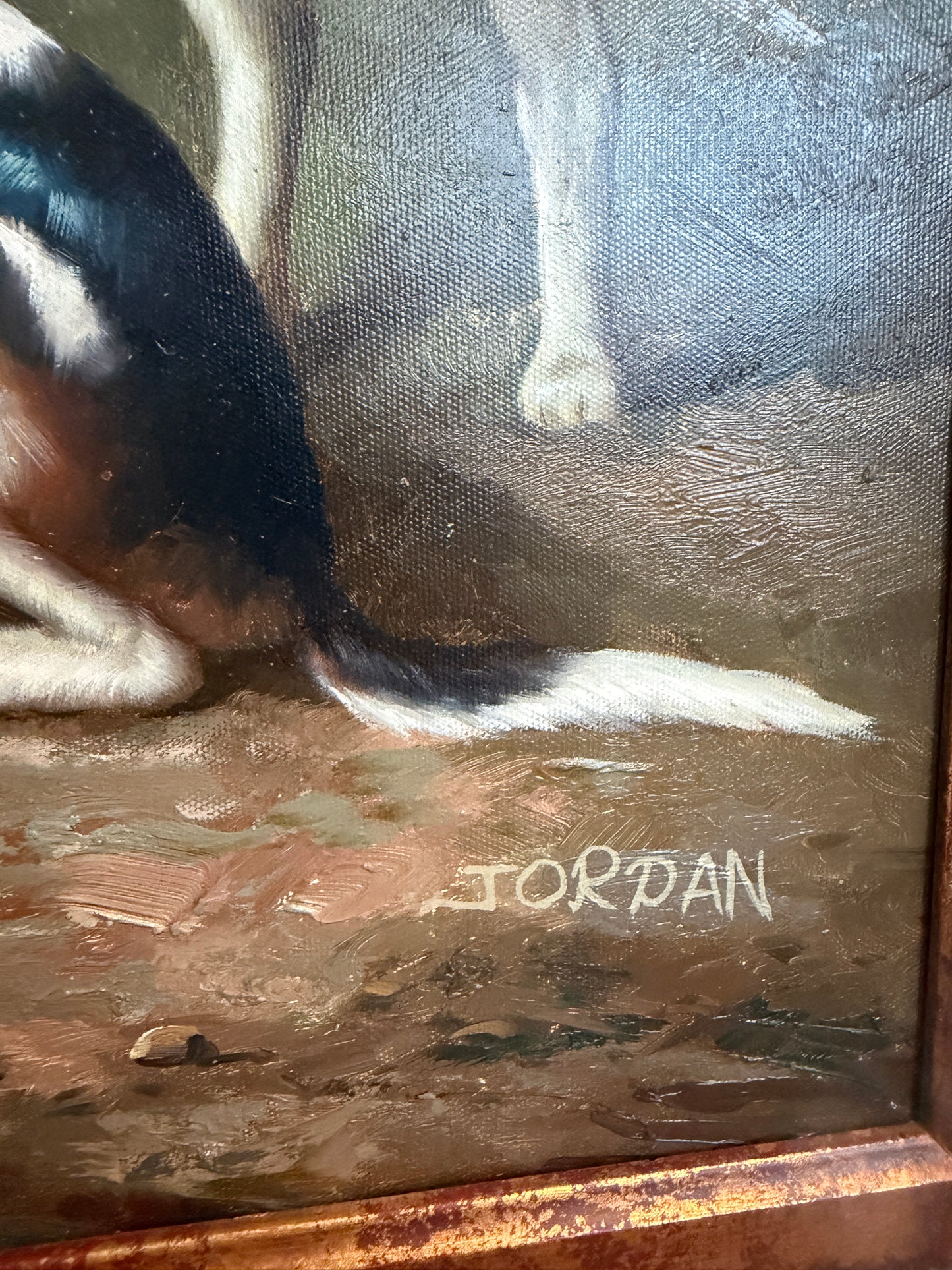 Jordan Original Oil Painting, English Fox Hunt Scene with Rider, Horses & Hounds