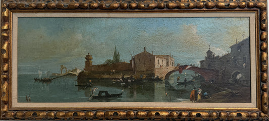 Antique Venetian Canal Scene Oil Painting Gondolas Bridge Italian Landscape