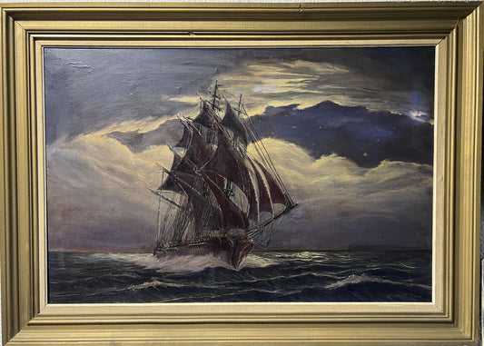 1975 Vintage oil painting on canvas, Seascape, Sailing Ship, Signed, Framed