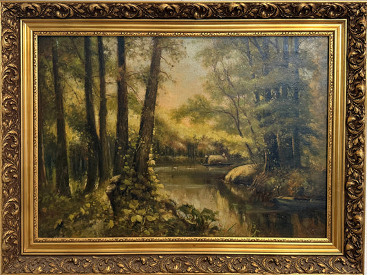 Antique European Original Oil Painting on Canvas, Summer Forest Landscape Framed