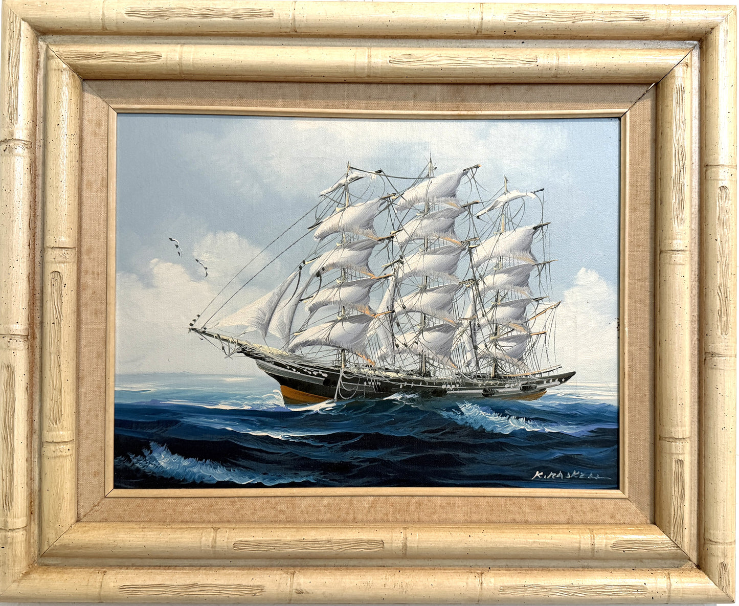 K.Maskell Oil Painting Tall Ship at Sea Maritime Nautical Ocean Seascape, Framed