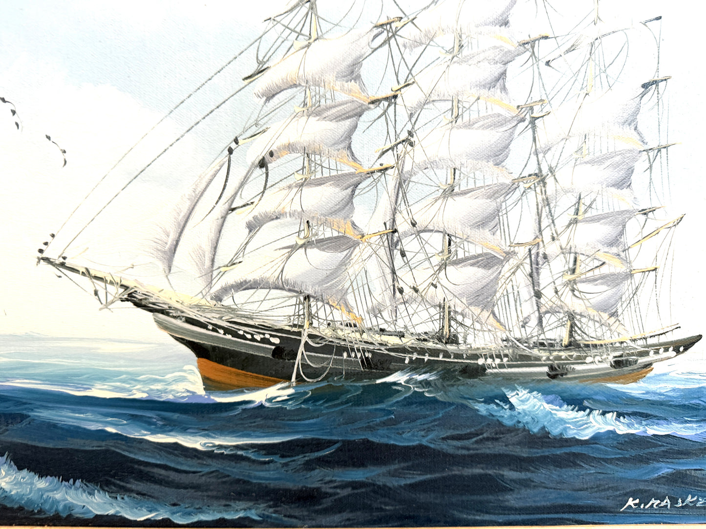 K.Maskell Oil Painting Tall Ship at Sea Maritime Nautical Ocean Seascape, Framed